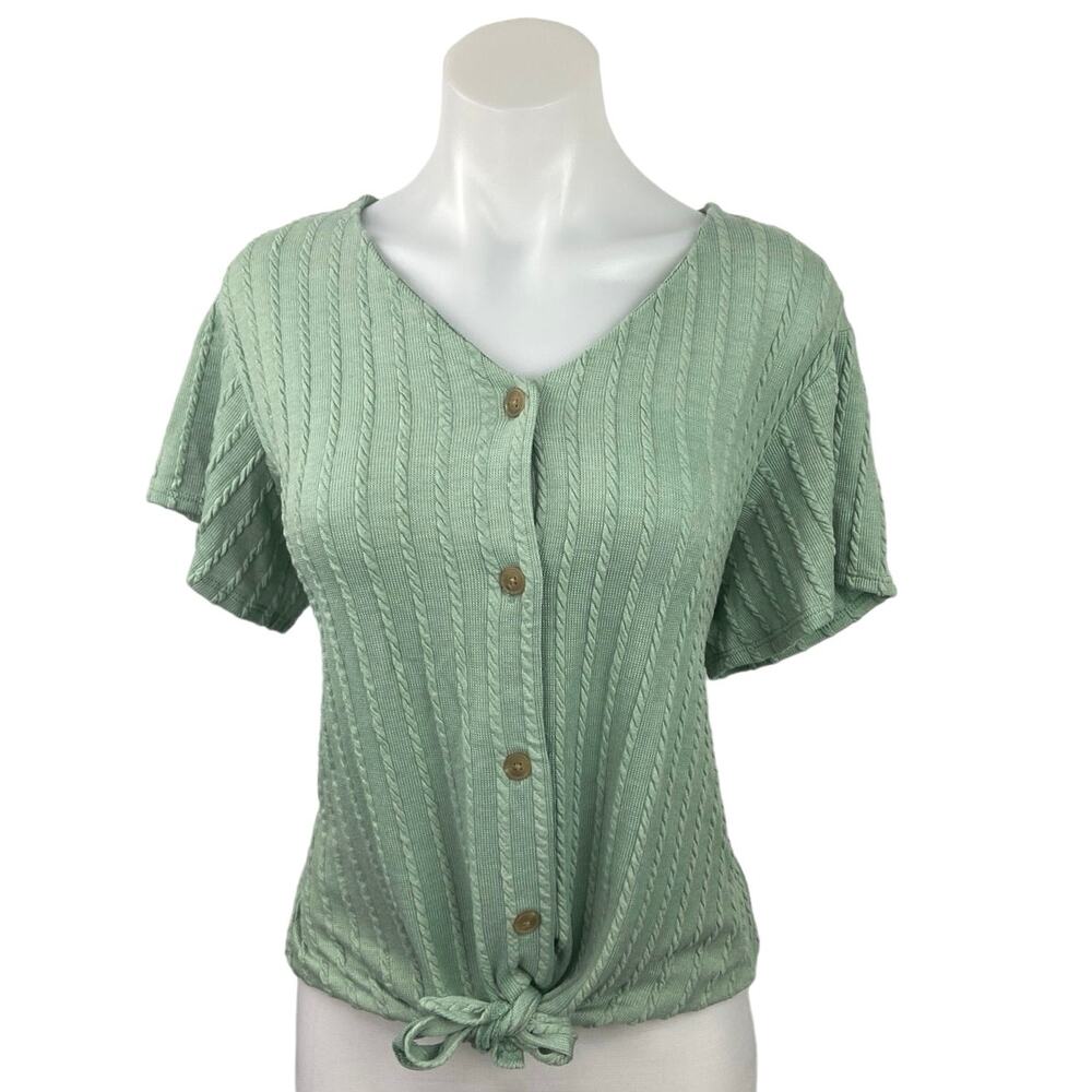 Weatherproof Vintage Green V Neck Short Sleeve Tie Hem Button Up Blouse Top Sz M
